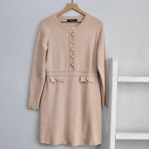 NENONA Tan Knit Long Sleeve Gold Button Mini Dress Size Medium